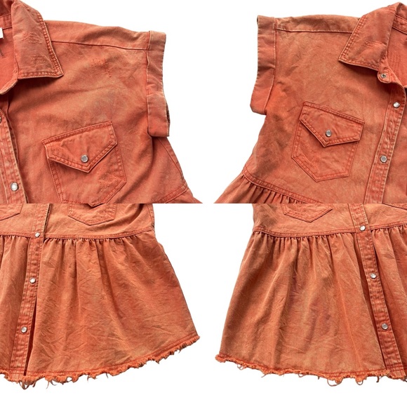 Entro Women’s Sz Small Orange Short Sleeve Button Snap Collared Peplum Denim Top - Picture 5 of 16
